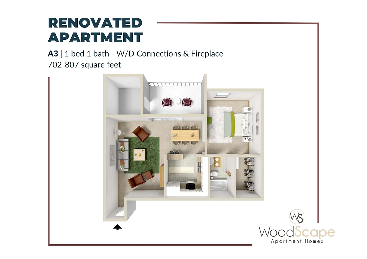 Floor plan A3 (W/D Connections and Fireplace) Renovated