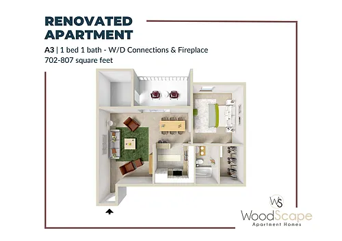 Floor plan A3 (W/D Connections and Fireplace) Renovated