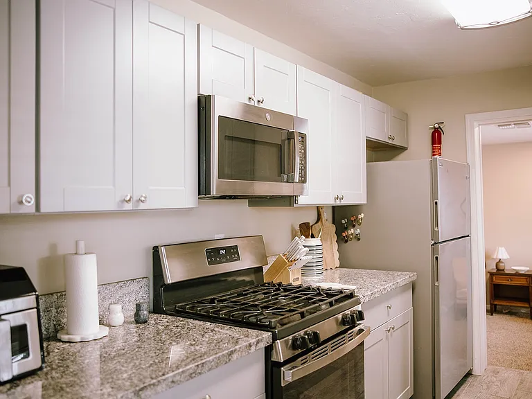 Shared kitchen space with a fridge, freezer, gas-range stove, microwave, air fryer, and ice machine.