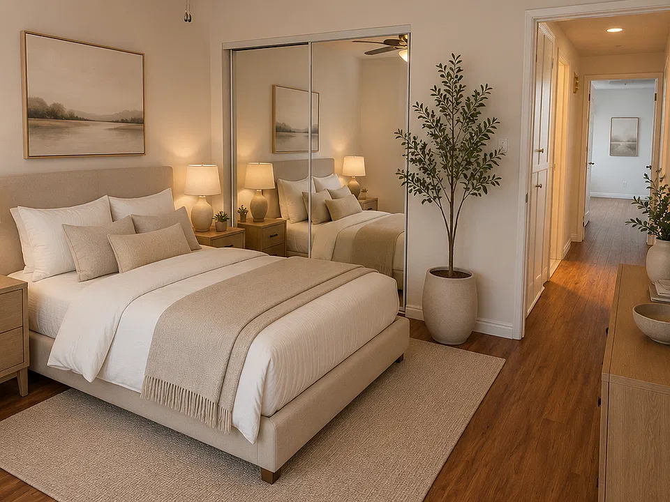 One of two bedrooms; this one has a sliding glass door to balcony