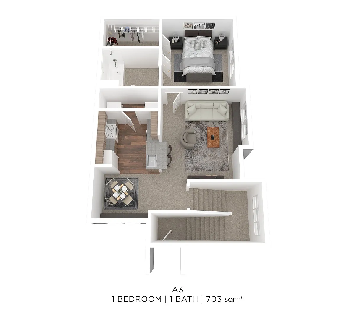 Floor plan One Bed One Bath 703 Sqft