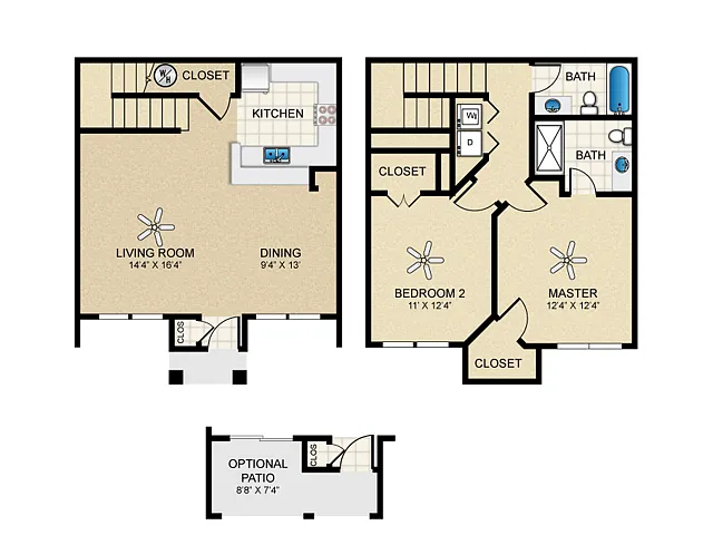 Floor plan 2 Bed, 2 Bath D Townhome