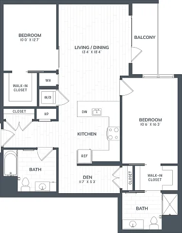 Floor plan B3D | 2 Bed | 2 Bath | DEN