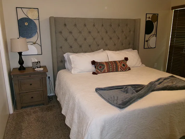 Bedroom has King Zinus Green Tea Memory Foam mattress July 2026