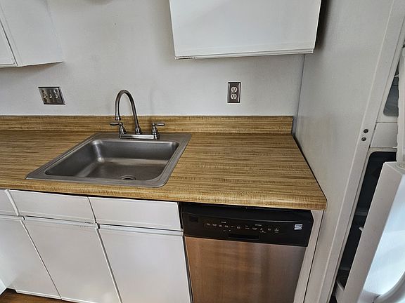 Kitchen area with dishwasher and fridge. Stove and additional cabinets are to the left side.