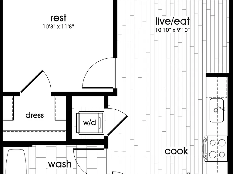 Explore the modern one-bedroom layout featuring a spacious open living area and sleek kitchen design. Explore the modern one-bedroom layout featuring a spacious open living area and sleek kitchen design.
