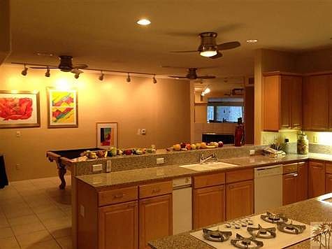 Kitchen into family room, island has been lowered.