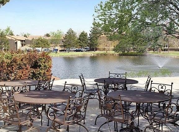Picnic tables and lake