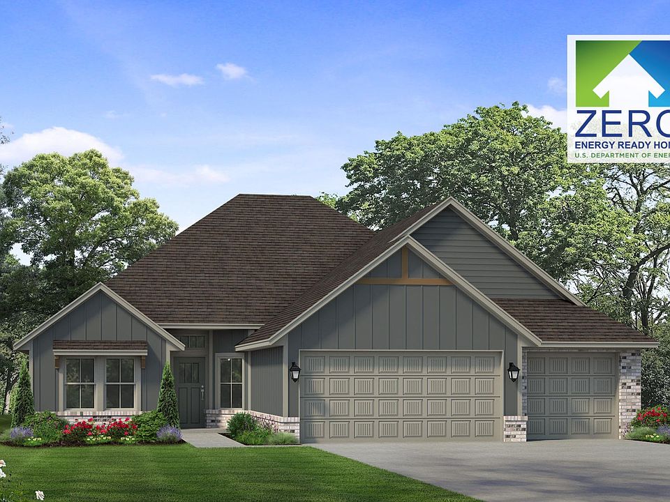 Illustration of a gray house with a three-car garage, surrounded by greenery. A Zero Energy Ready Ho