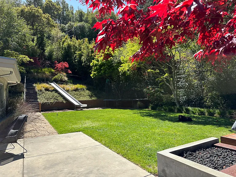 Expansive backyard with ample lawn to run around, slide & trampoline & veggie beds on side of house w/ veggies for pickin'