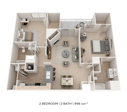 Floor plan Two Bedroom 2 Bath - 948 sqft