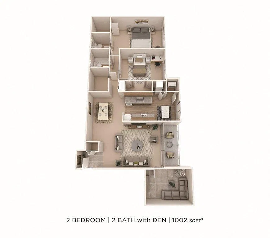 Floor plan Two Bedroom 1.5 Bath w/ Den - 1,002 sqft