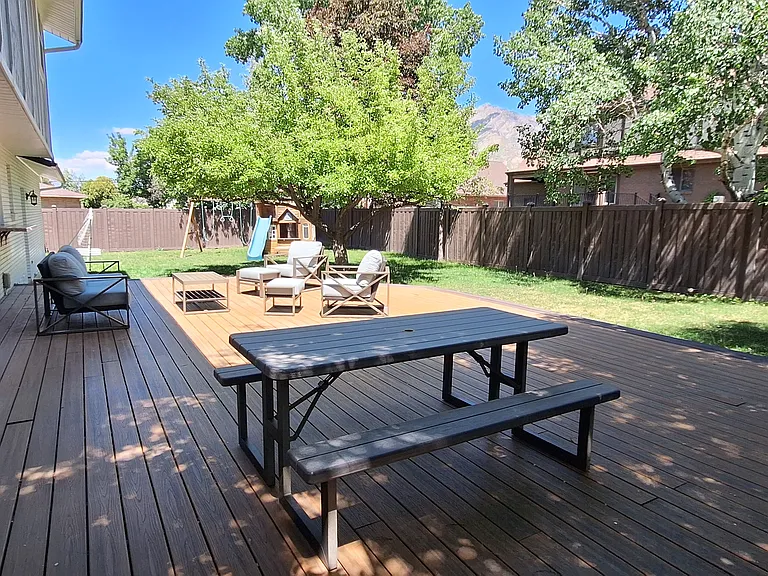 Large trex deck, mature apple tree
