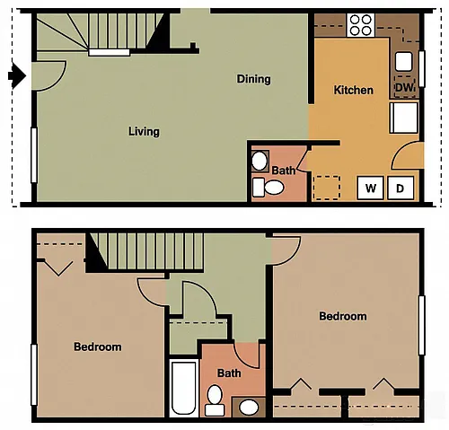 Floor plan Two Bed - 1.5 Bath TH