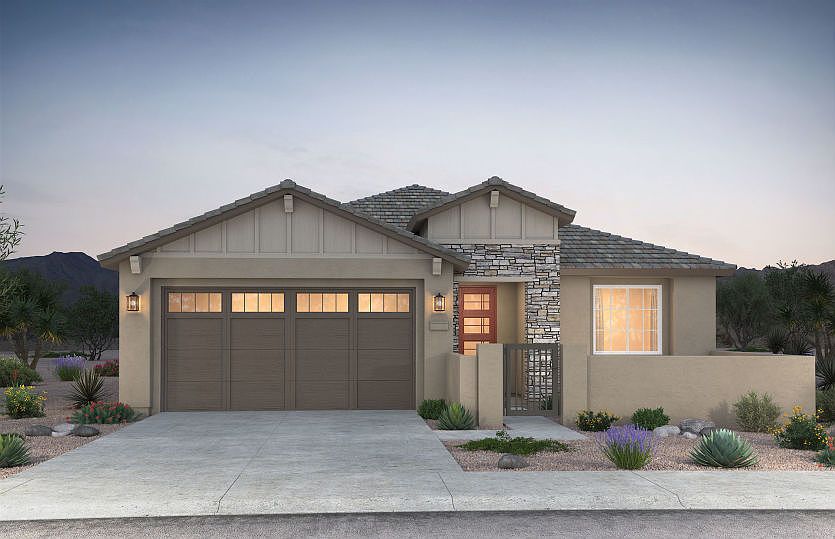 Exterior rendering shown in design style B. This design features optional stone accents for maximum