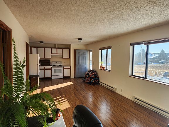 Living room and kitchen with south facing windows.