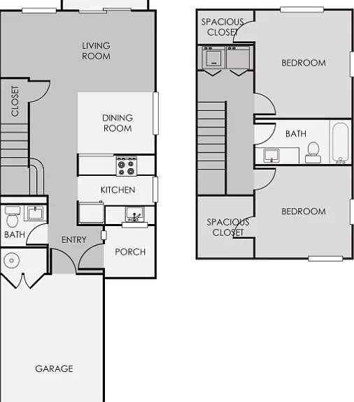 2 Bedroom 1.5 Bathroom Townhome Floorplan Diagram