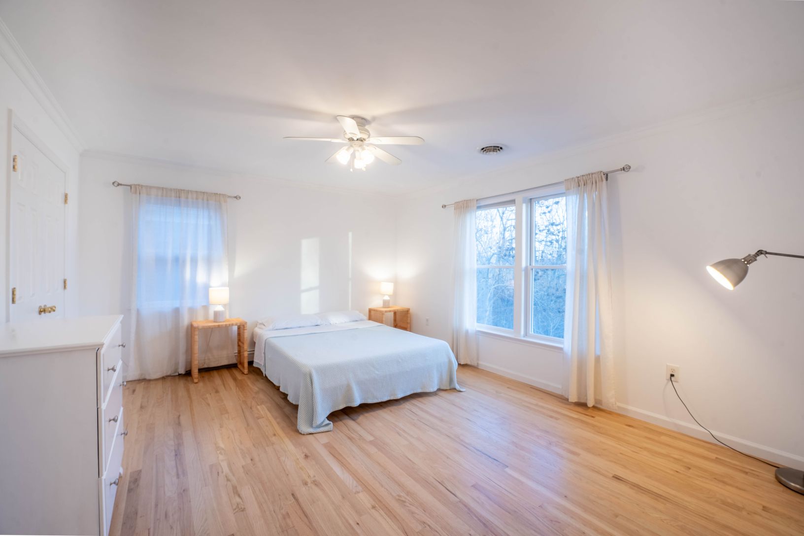  bedroom 1 with dresser and large closet, queen size bed, and backyard view