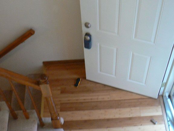 entry with new wood floor and new front door