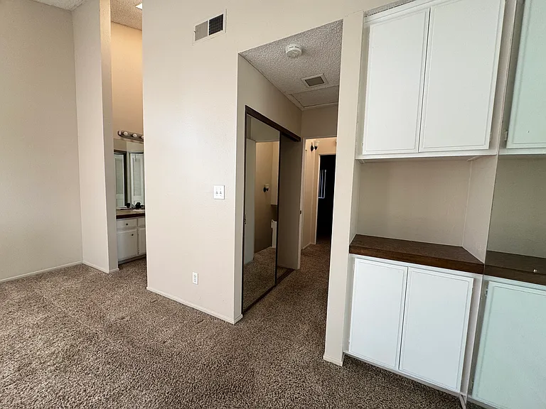 Primary Bedroom, with personal sink and dual entry closet. Plenty of storage provided by additional walk in closet and vanity space.
