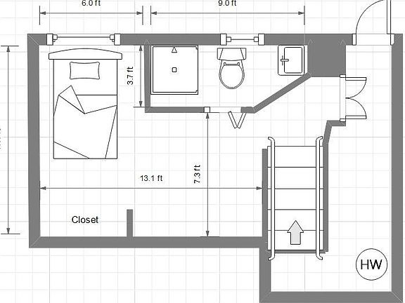General floor plan of the downstairs. Back door leads to private deck, which is approximately 11ft by 11 ft.