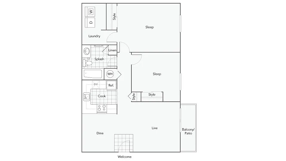 Floor plan 2 Bed 1 Bath Washer Dryer B