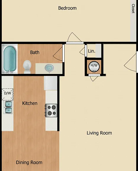 1 Bed 1 Bath B Floorplan Diagram