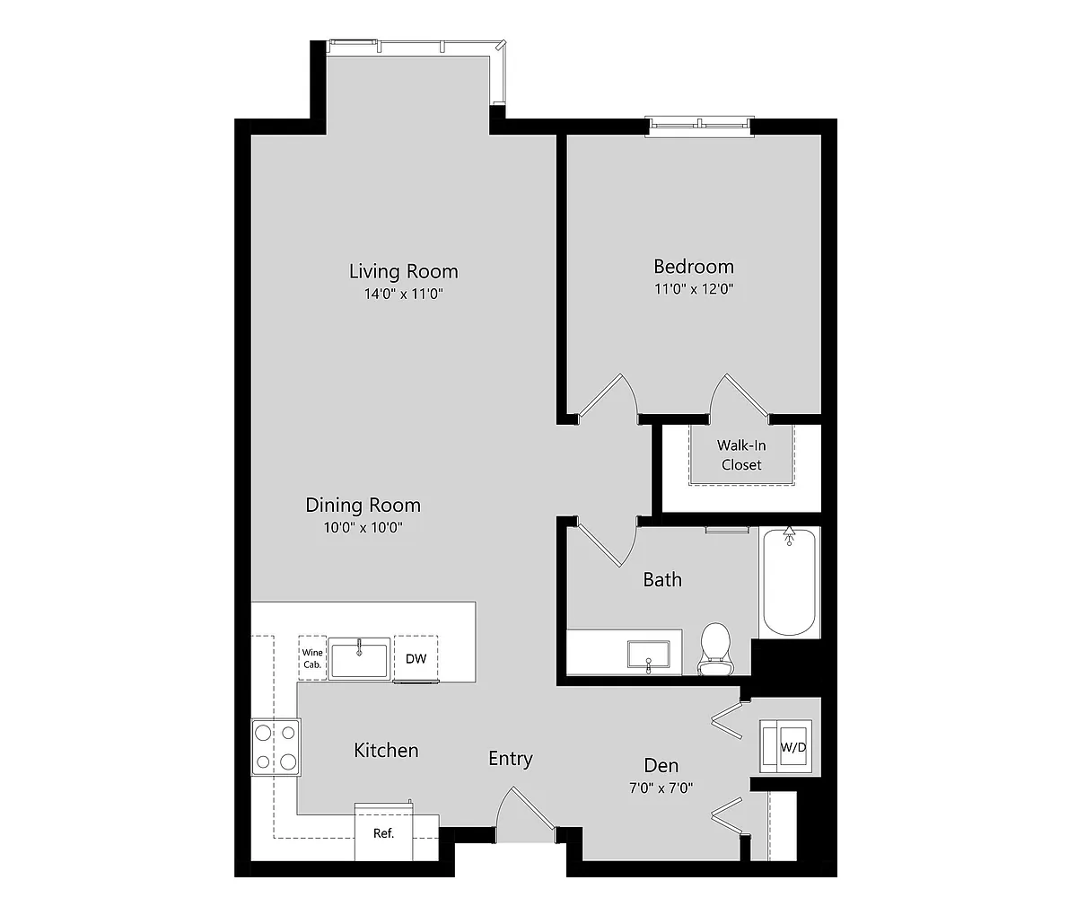 Floor plan 1 Bed 1 Bath Flat + Den A
