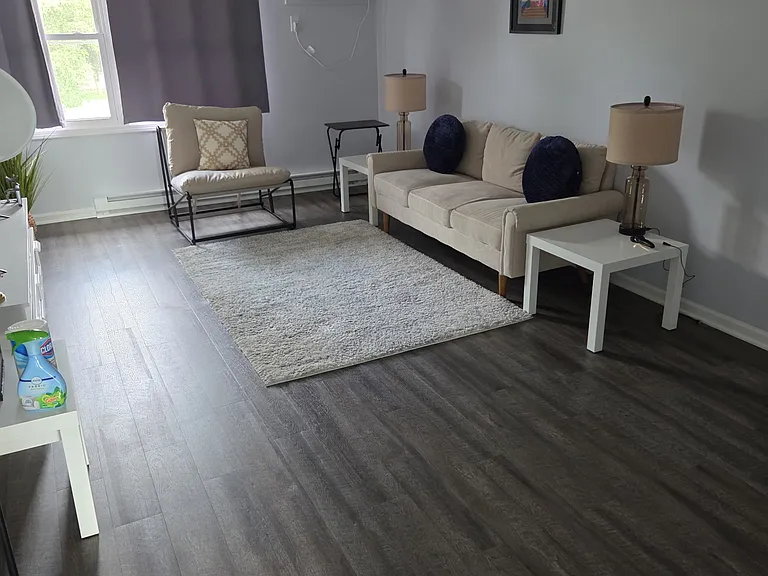 Wood look plank flooring throughout.
