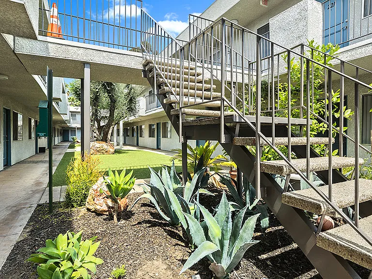 Drought-resistant landscaping in the courtyard.