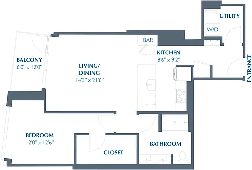 Floor plan 1BR 1BA (866 SF)