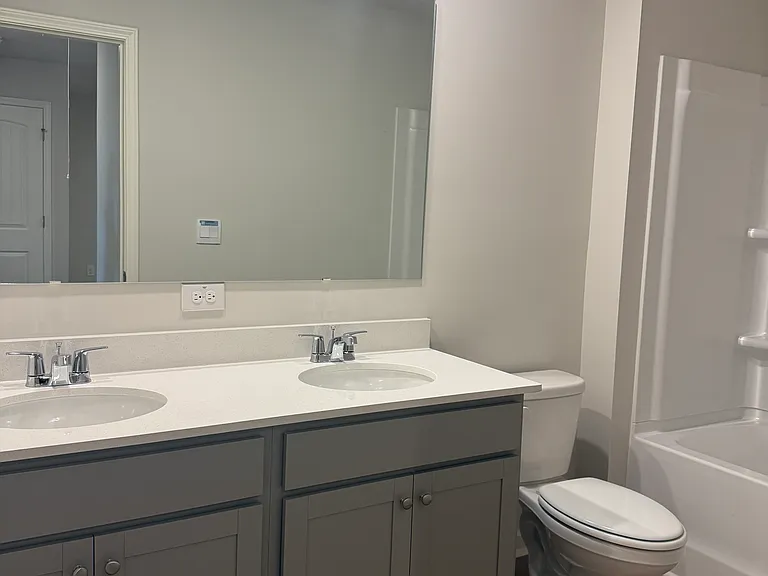 Master bath with double vanity and separate tub and shower.