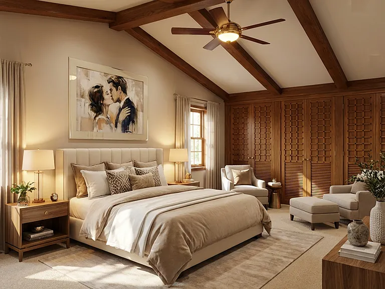 Luxurious master bedroom with exposed wood beams, elegant wood lattice accent wall, and a cozy sitting area. Features include a deep, customized closet with ample space for two, and bespoke doors that carry the design theme throughout the 2nd floor.