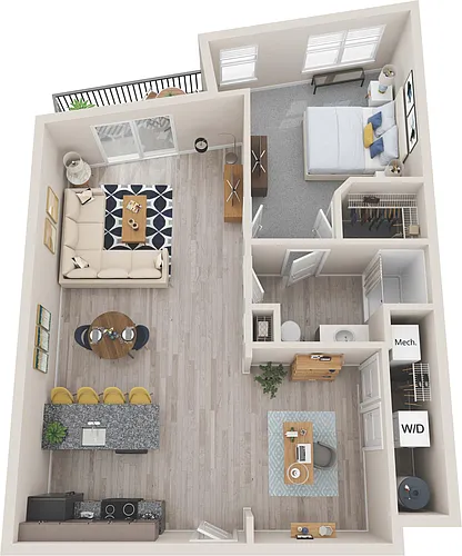 Floor plan Willow One Bed One Bath with Den and Balcony