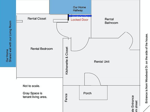 Layout of our unit. Attached in law unit takes up the whole back of our home. Separate entrance on the side of the home. Shared walls in bathroom and livingroom.