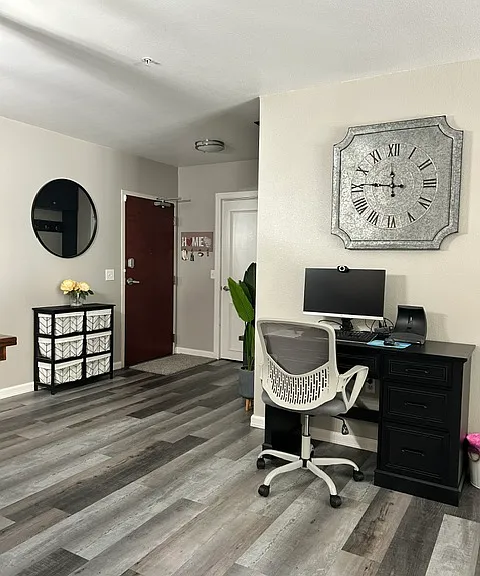 Front door, storage closet and working area
