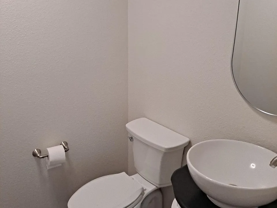 Commode and vanity in half bath downstairs between living room and dining room.