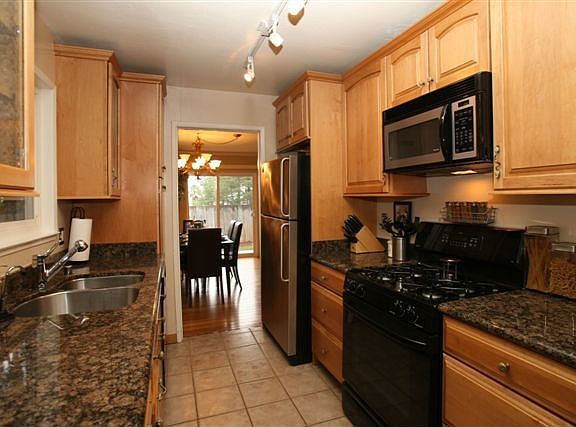 Kitchen opens to family room and dining room