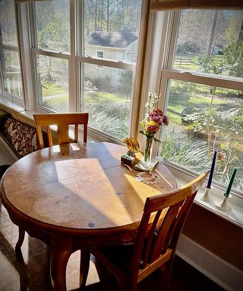 Relaxing view of the shaded backyard from the sunroom. Great for a snack or a card game.
