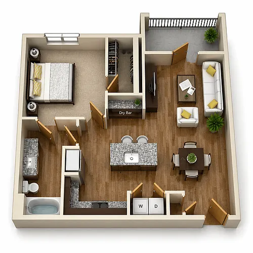 Floor plan A5 - 1Bed/1Bath - Island Kitchen & Large Balcony