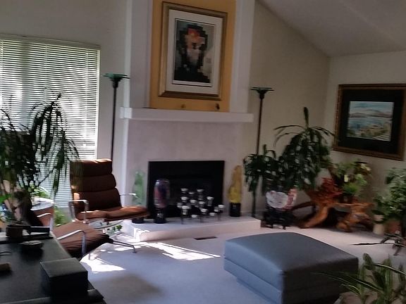 Living room with gas fireplace and ceiling fan