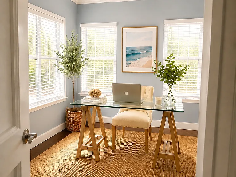 Downstairs bedroom/office space perfect for working or grandparents/guests separate from upstairs living spaces. Virtual staging - no furniture included.