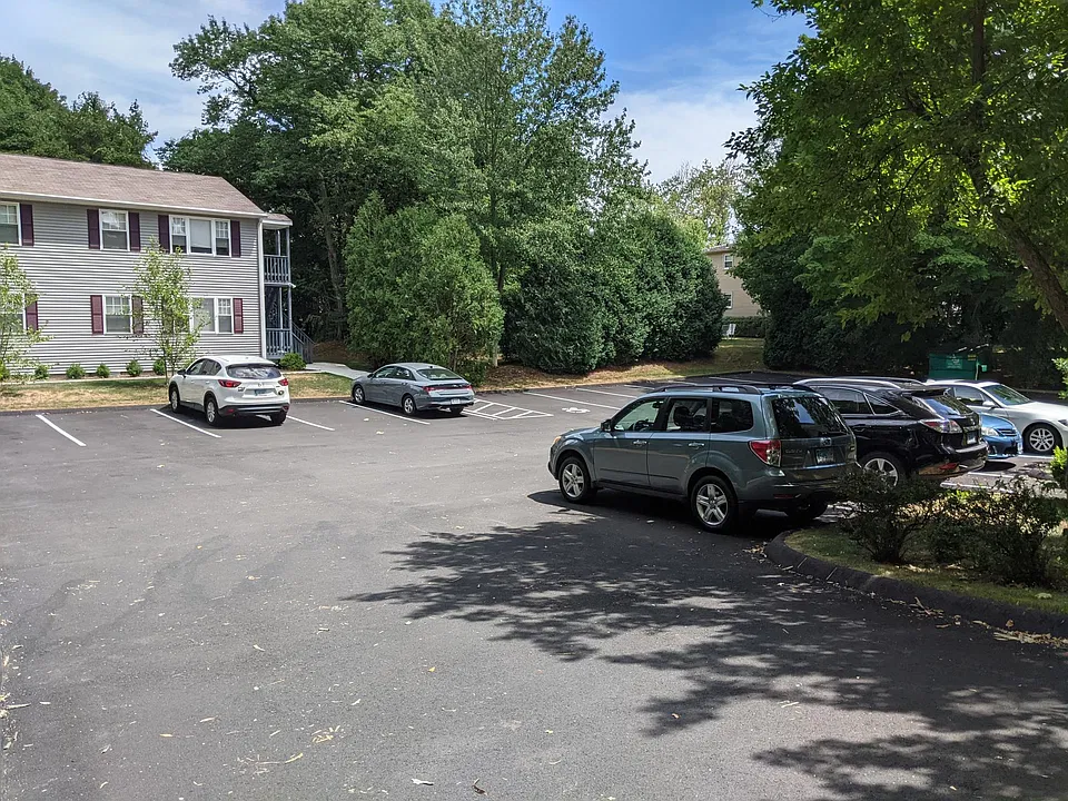 Parking lot with plenty of spaces. Newly paved