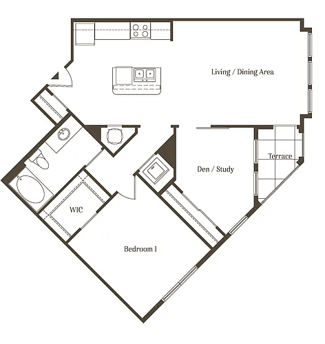 Floor plan AD - 1BR 1BA (923 SF)