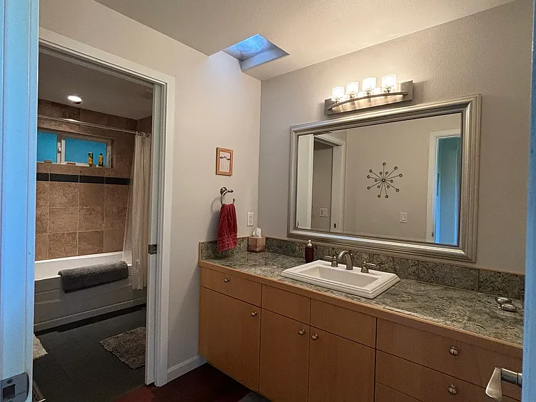main bath with pocket door between shower/toilet and sink areas