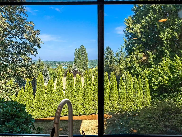View of lake and mountains from kitchen