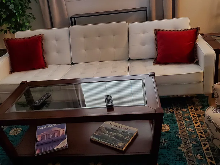 living room with white leather couch, accent pillows, coffee table, side tables, area rug, chairs, mini-blinds, drapes, view of rear yard