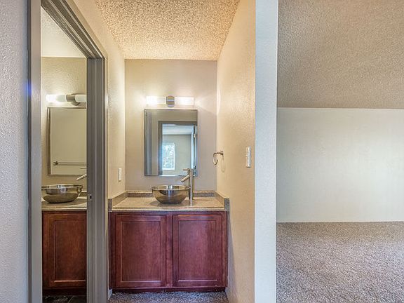 Stone Garden on Birch bathroom sink, mirrors, and living area