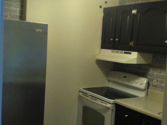 KITCHEN WITH STAINLESS STEEL REFRIG. WITH NEW CEILING FAN
