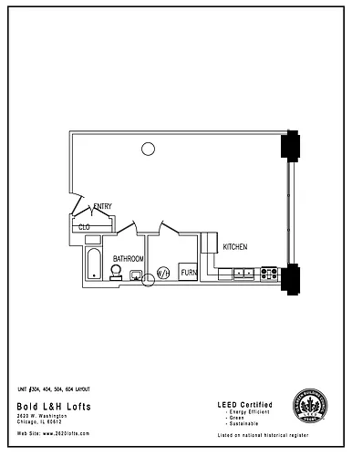 Floor plan One Bedroom - Units, 304, 404, 504, 604